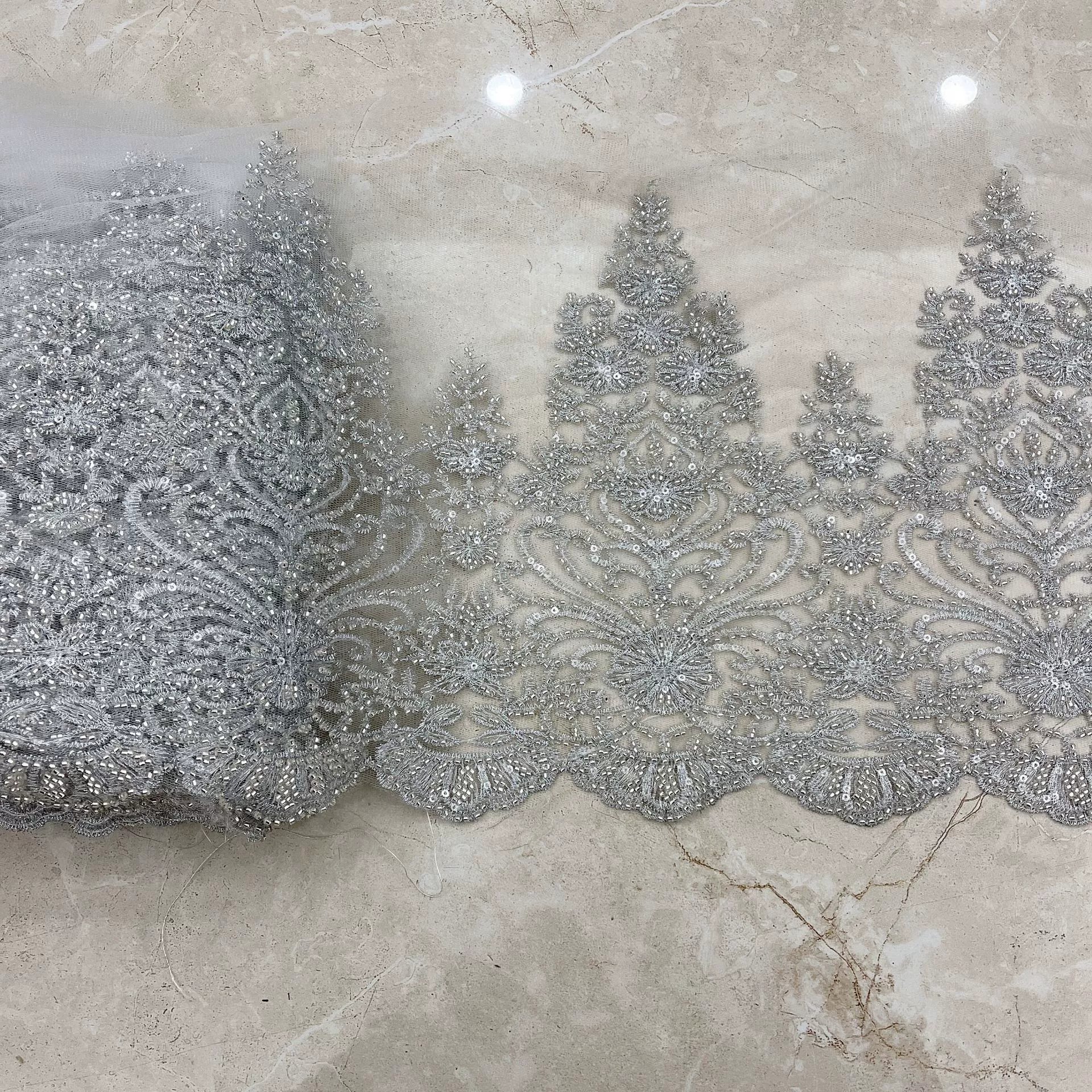 Factory Wholesale bridal fancy Gold Sliver Border Sequins Voile Lace Mesh Lace polyester embroidery Wedding Lace trim
