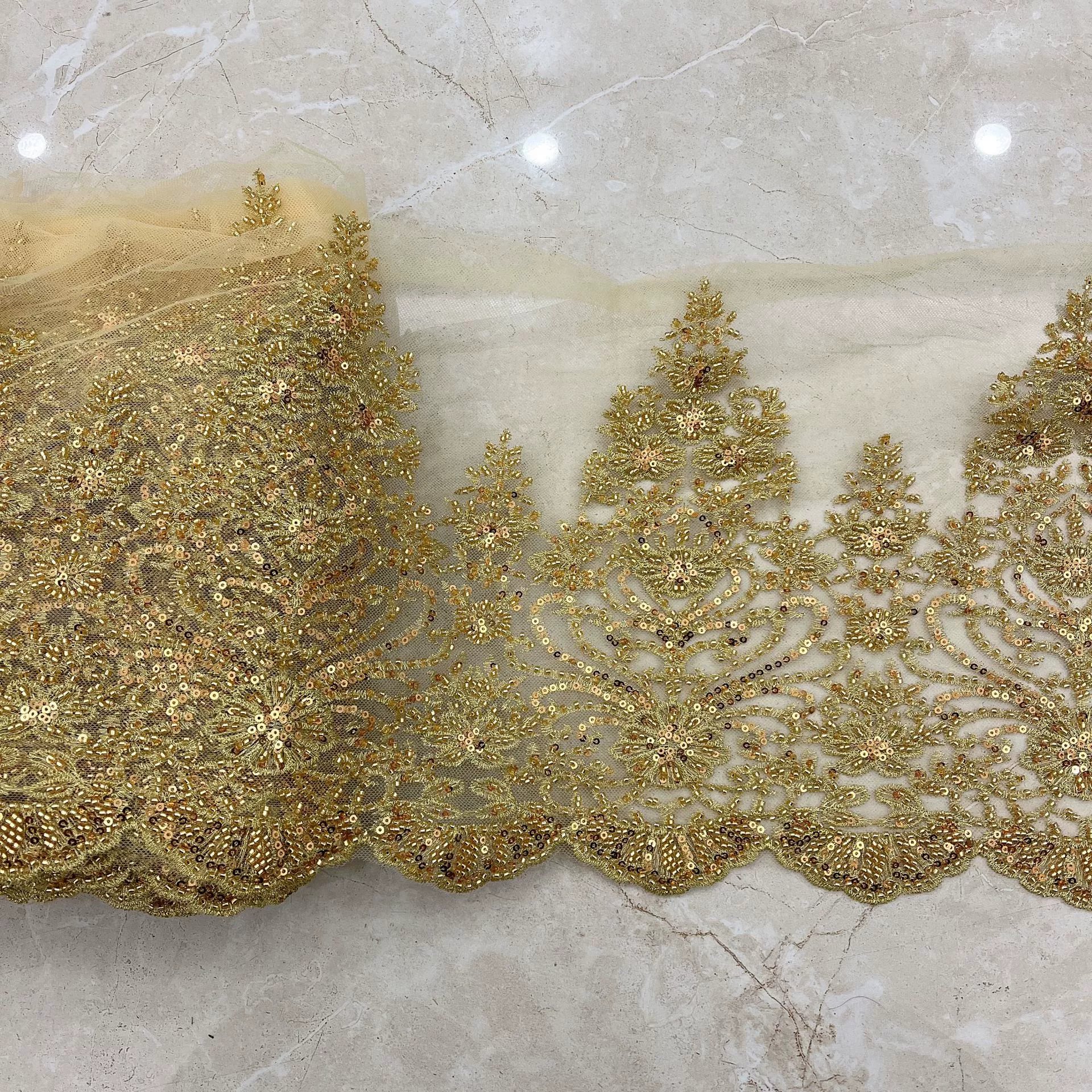 Factory Wholesale bridal fancy Gold Sliver Border Sequins Voile Lace Mesh Lace polyester embroidery Wedding Lace trim
