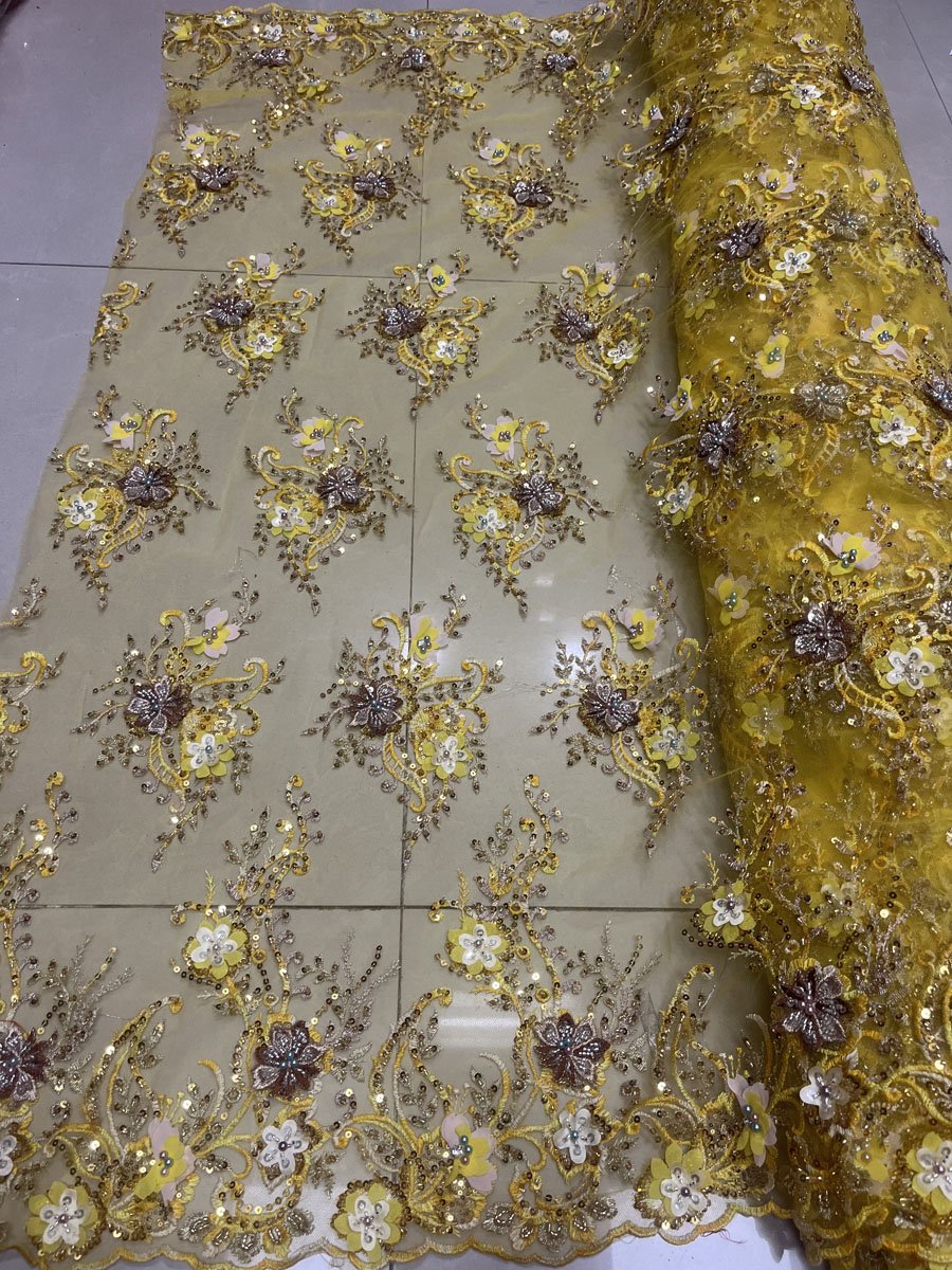 new design embroidery tulle fabric with multi color 3d beaded sequins embroidered lace fabric for dresses, wholesale fabric