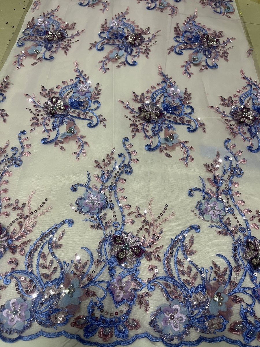 new design embroidery tulle fabric with multi color 3d beaded sequins embroidered lace fabric for dresses, wholesale fabric