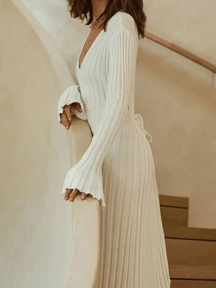 knitwear manufacturer Knitted Dress Women Long V Neck Dresses Female Solid Elegant Full Sleeve A-Line Ribbed knit Sweater Dress