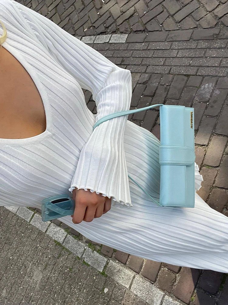 knitwear manufacturer Knitted Dress Women Long V Neck Dresses Female Solid Elegant Full Sleeve A-Line Ribbed knit Sweater Dress