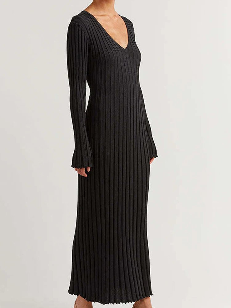 knitwear manufacturer Knitted Dress Women Long V Neck Dresses Female Solid Elegant Full Sleeve A-Line Ribbed knit Sweater Dress