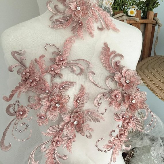 Exquisite Pearl Beaded 3D Lace Applique Set ,Metallic Silver Thread Applique for Dance Costumes Lyrical bridal lace applique