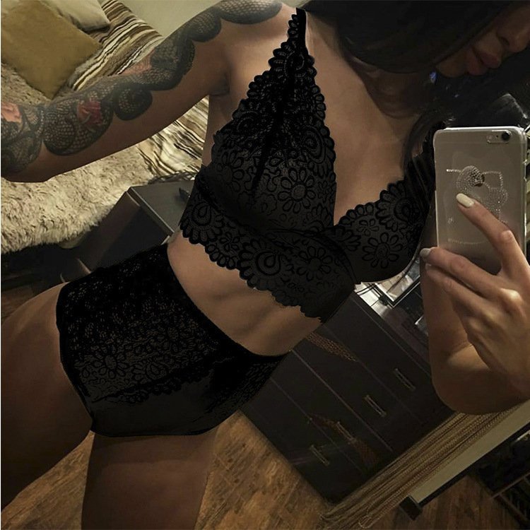 Women See-through Mesh Sexy two piece Deep V-Neck Bralette plus size lace lingerie set