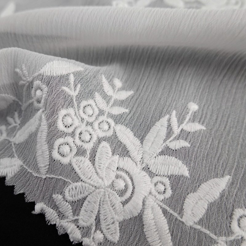 Fancy flower pattern polyester woven white lace tulle fabric with cotton embroidery for lady dress