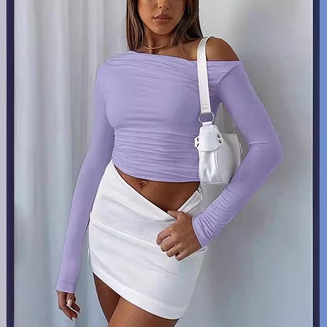Sexy Oblique Shoulder Asymmetric Long Sleeves Thin Finger Fold Fit T-shirts tight Blouses Casual Shirts Blouse