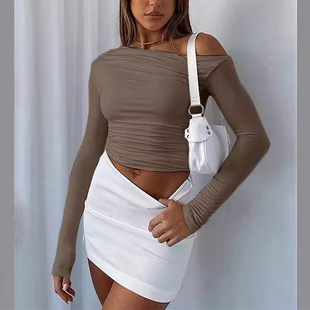 Sexy Oblique Shoulder Asymmetric Long Sleeves Thin Finger Fold Fit T-shirts tight Blouses Casual Shirts Blouse