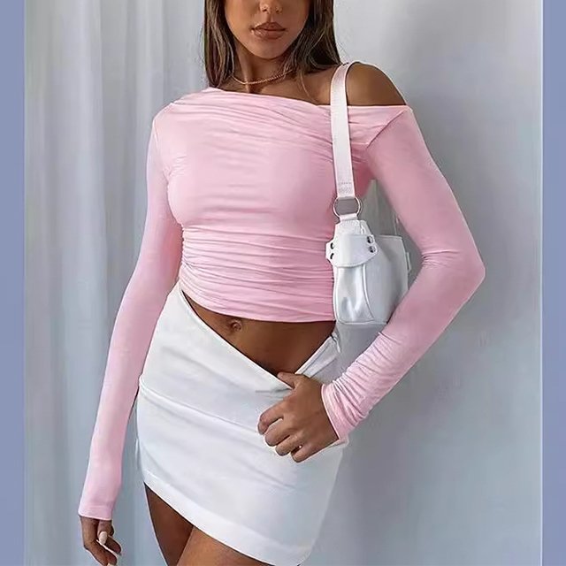 Sexy Oblique Shoulder Asymmetric Long Sleeves Thin Finger Fold Fit T-shirts tight Blouses Casual Shirts Blouse