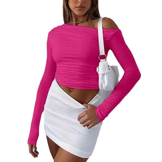 Sexy Oblique Shoulder Asymmetric Long Sleeves Thin Finger Fold Fit T-shirts tight Blouses Casual Shirts Blouse