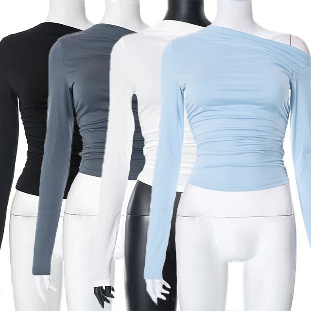 Sexy Oblique Shoulder Asymmetric Long Sleeves Thin Finger Fold Fit T-shirts tight Blouses Casual Shirts Blouse