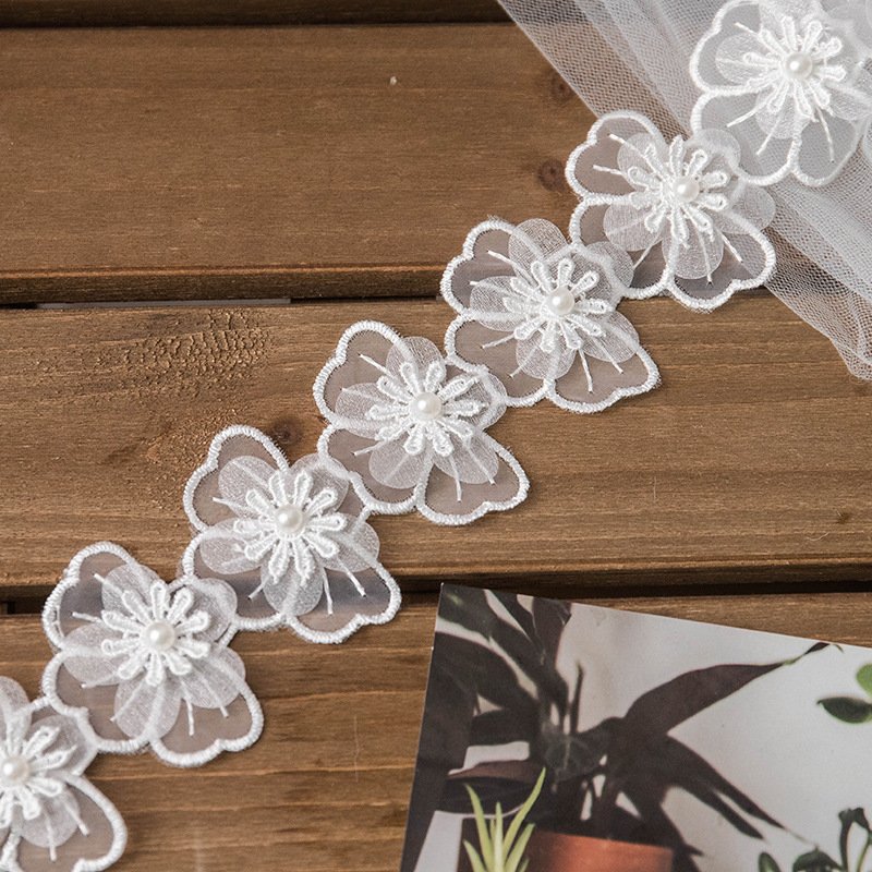Hot selling Embroidery white 100% polyester chemical lace trim water-soluble 3d flower lace trimming chiffon WTPA-014