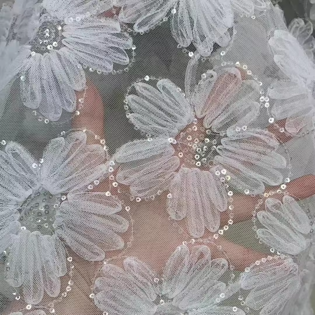 DX54-1 High Quality White Embroidery Mesh Fabric 3D Flower Lace Fabric With Sequins For Bridal Dress