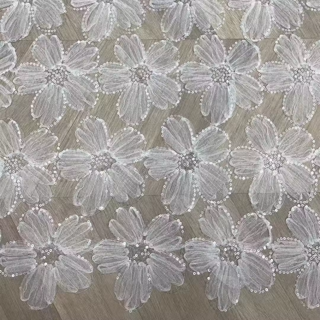 DX54-1 High Quality White Embroidery Mesh Fabric 3D Flower Lace Fabric With Sequins For Bridal Dress