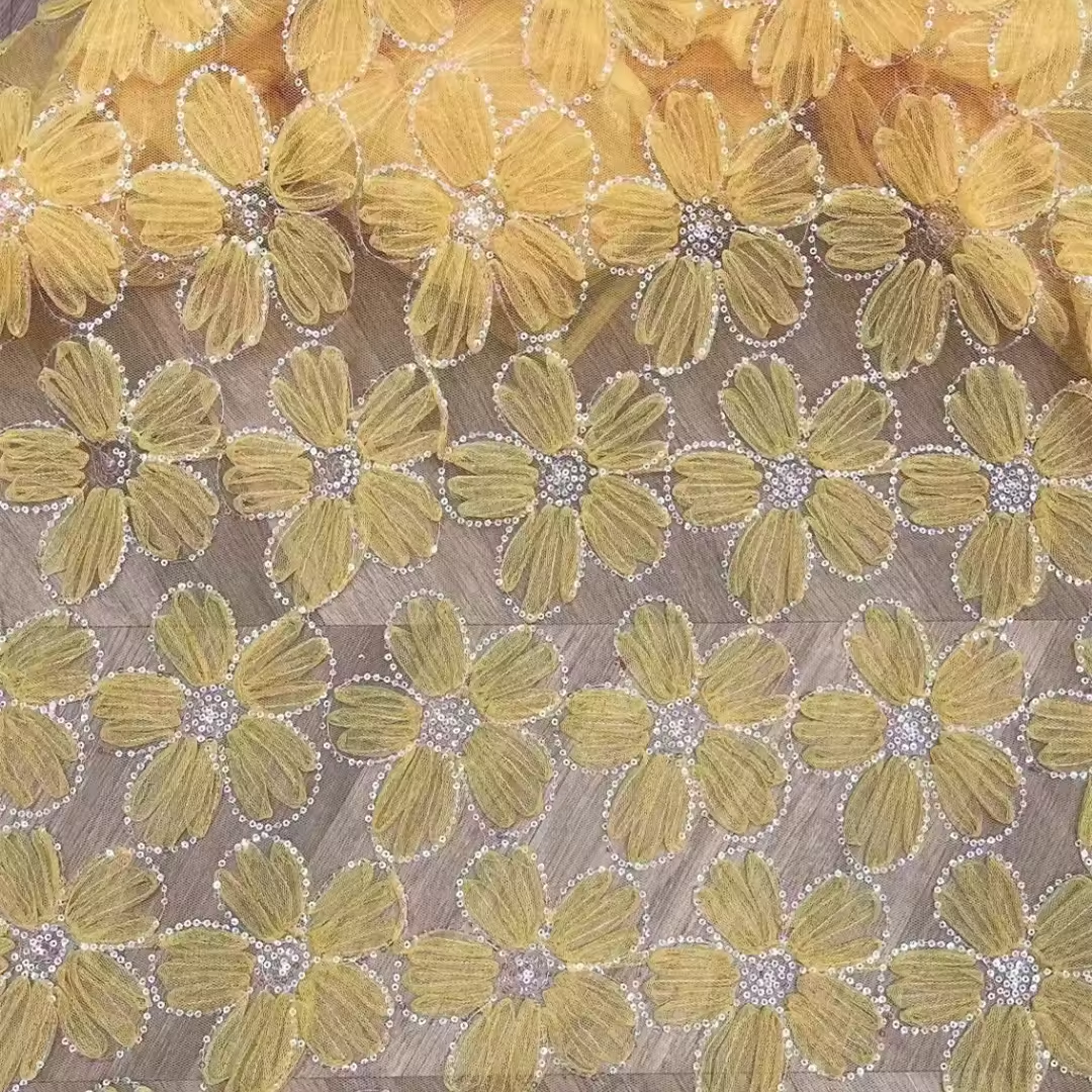 DX54-1 High Quality White Embroidery Mesh Fabric 3D Flower Lace Fabric With Sequins For Bridal Dress