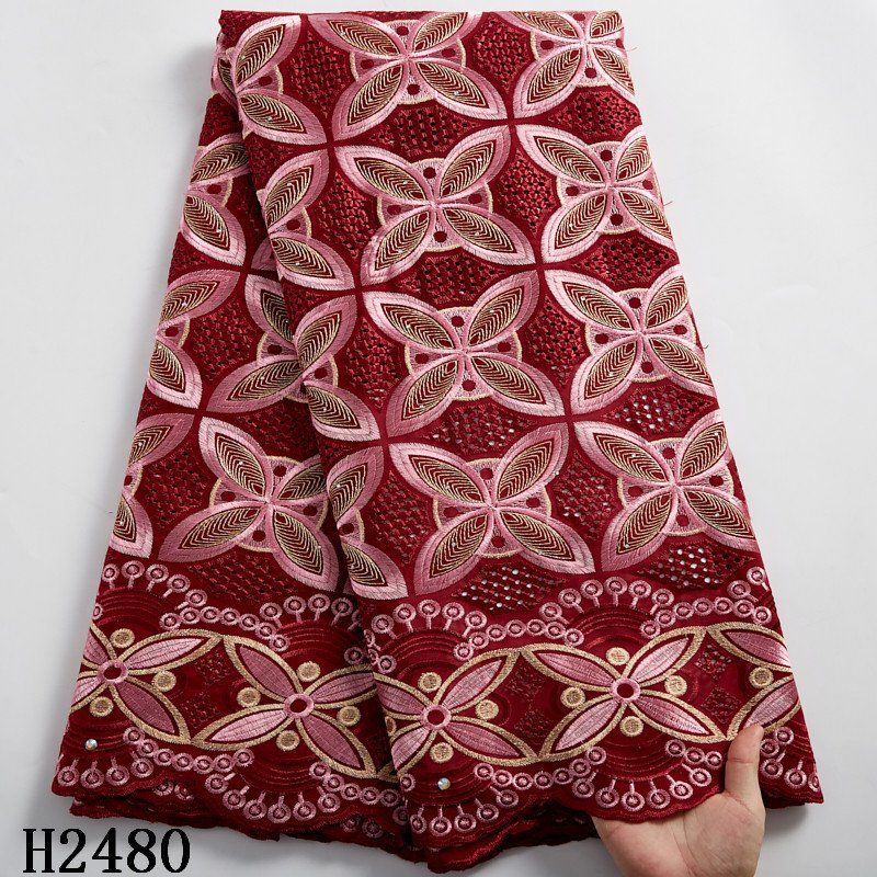 2480  Nigerian Red Swiss Voile Lace Fabric African Embroidery Cotton Lace Fabrics For Dresses