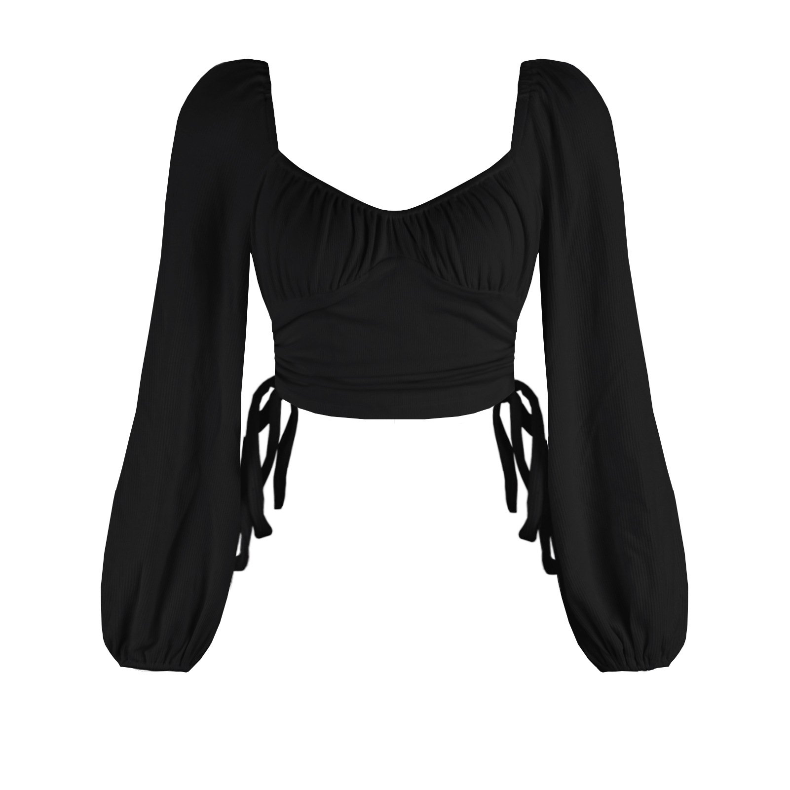 Solid color sexy square collar backless autumn draw string bm top fashion European and American lantern sleeve rib T-shirt