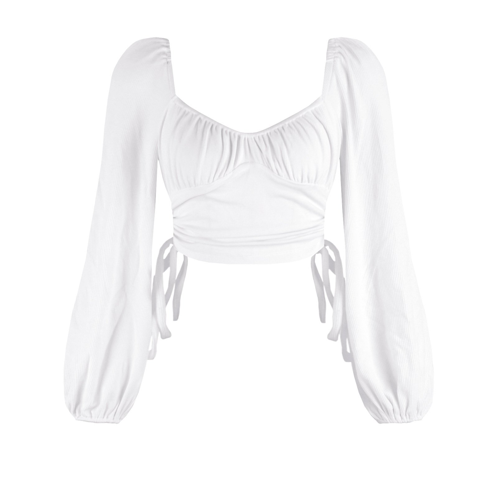 Solid color sexy square collar backless autumn draw string bm top fashion European and American lantern sleeve rib T-shirt