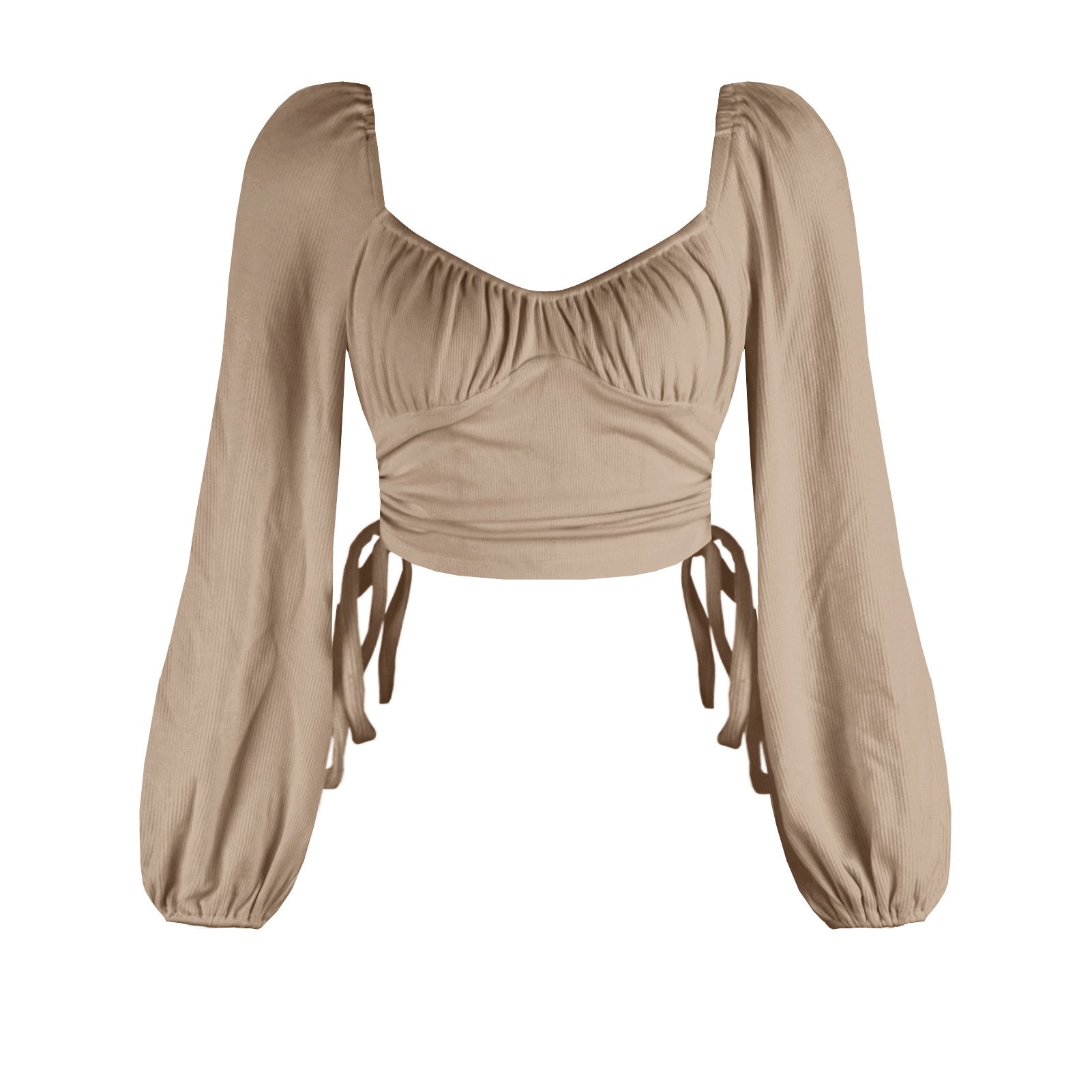Solid color sexy square collar backless autumn draw string bm top fashion European and American lantern sleeve rib T-shirt