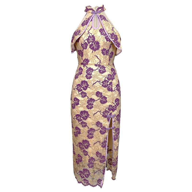 ZYHT 4827 2024 Summer Ladies Custom Strapless Purple Qipao Cheongsam Dresses Lace Mesh Print Sleeveless Woman Dress