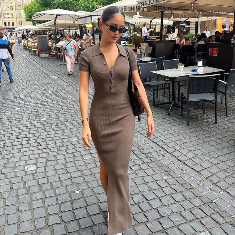 Women's Casual Lively Sexy Temperament Dress Button Short Sleeve V-Neck Simple Fashion Sports Style Summer ODM Supply Natural