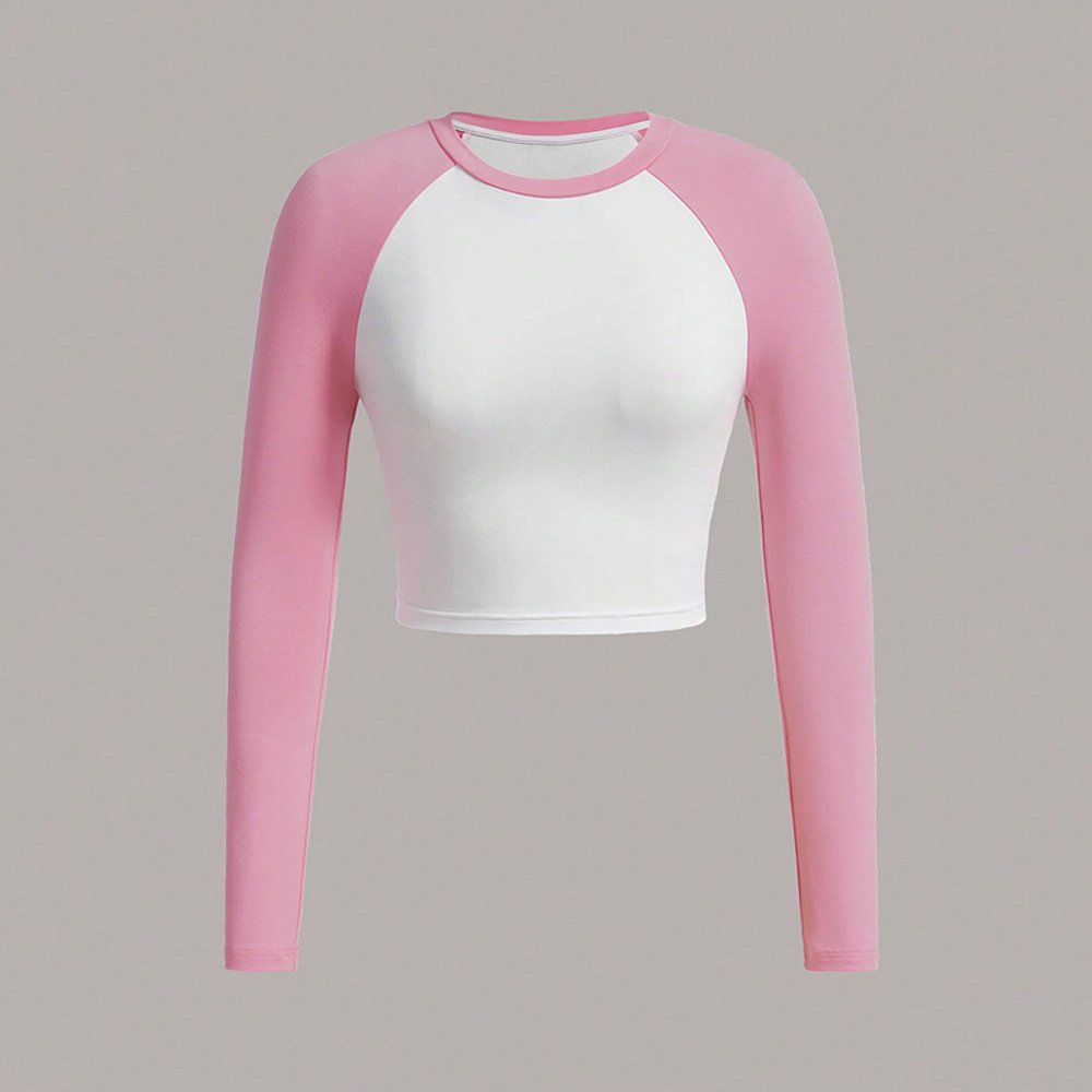 Custom High Quality Cotton Knit Rib Cropped T Shirt Long Sleeve Trendy Cheap Women's Color Block Tops