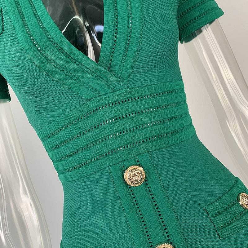 Hot Selling Factory Price Quality Short Sleeve V-neck Slim Knitting Casual Sheath Mini Dress Women