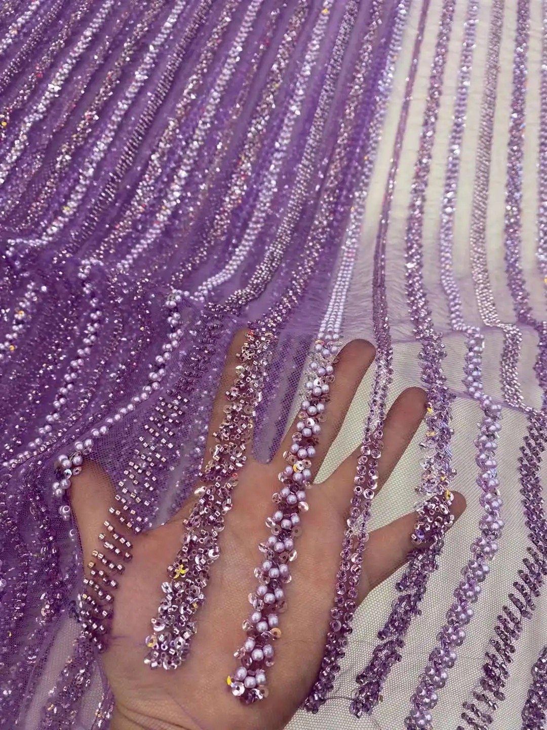 NI.AI Hot Sale White Bridal Wedding Pearls Lace Fabrics High Quality French Beaded Net Lace Fabrics For Sewing Clothes