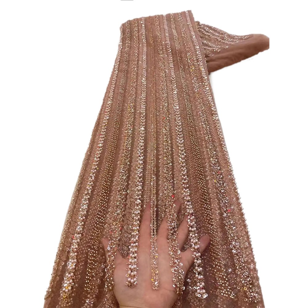 NI.AI Hot Sale White Bridal Wedding Pearls Lace Fabrics High Quality French Beaded Net Lace Fabrics For Sewing Clothes