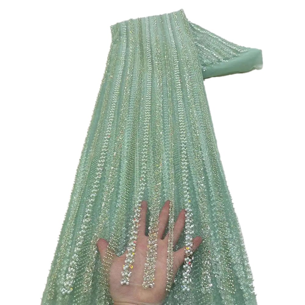 NI.AI Hot Sale White Bridal Wedding Pearls Lace Fabrics High Quality French Beaded Net Lace Fabrics For Sewing Clothes