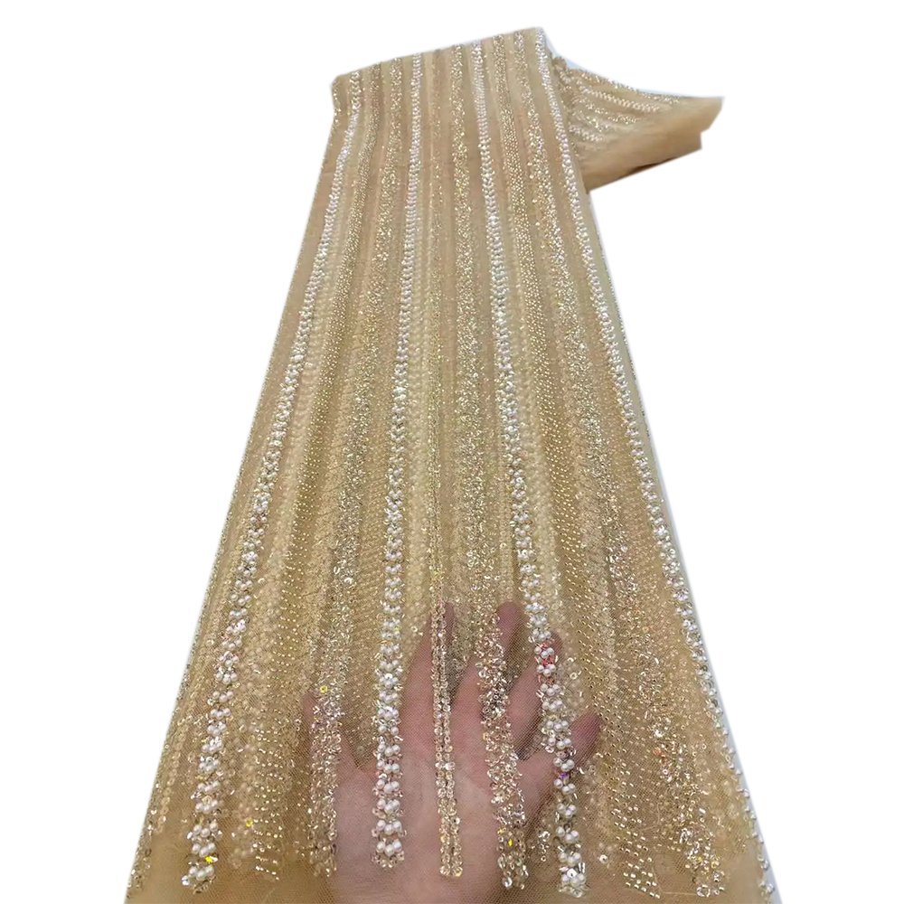 NI.AI Hot Sale White Bridal Wedding Pearls Lace Fabrics High Quality French Beaded Net Lace Fabrics For Sewing Clothes