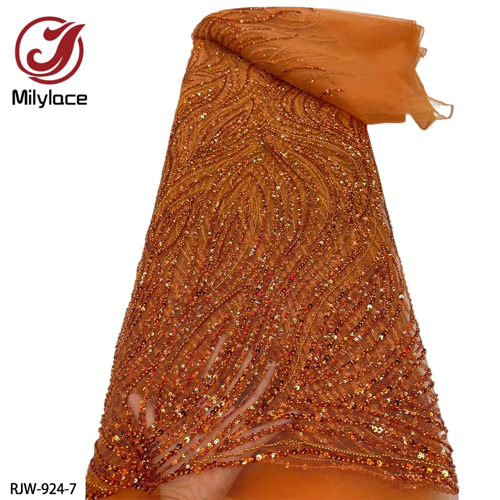 Luxury Bridal Burnt Orange Embroidery Handmade Beaded Sequin French Tulle Lace Fabric