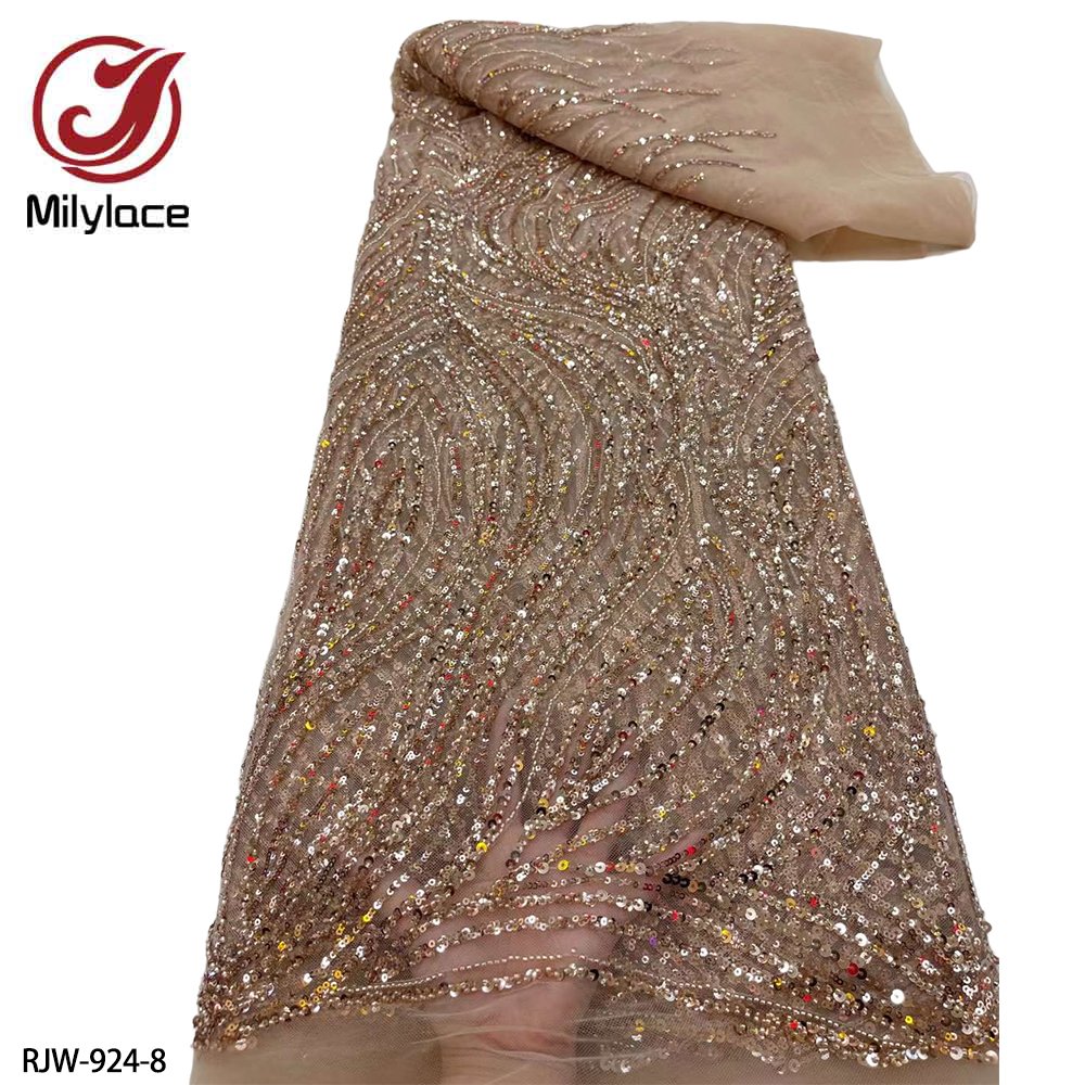 Luxury Bridal Burnt Orange Embroidery Handmade Beaded Sequin French Tulle Lace Fabric