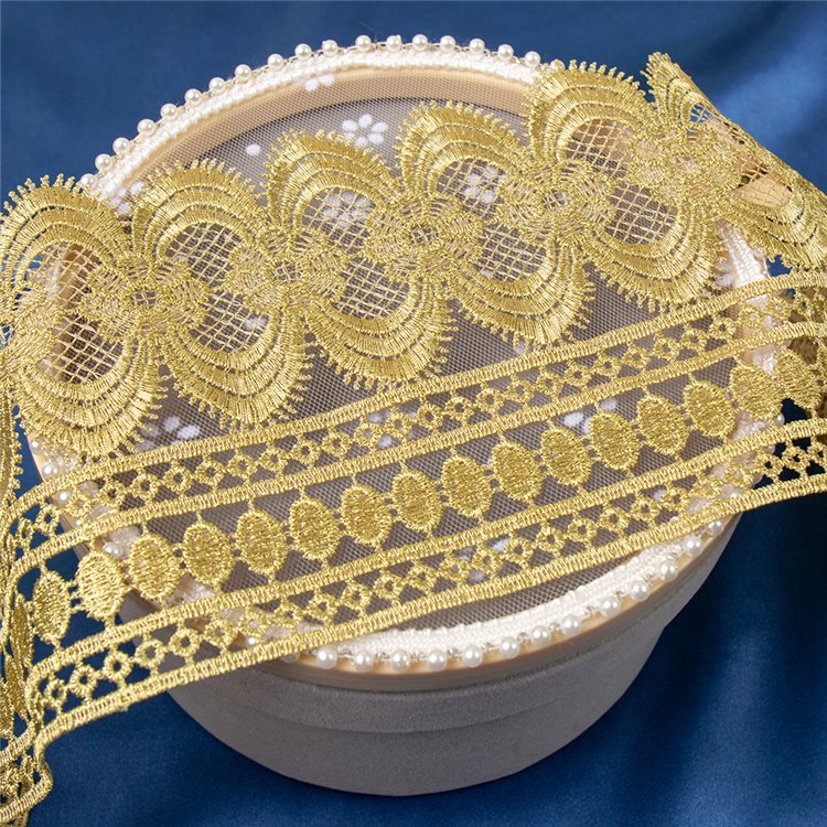 Top Grade Wedding Dress Trimming Wide Gold Metallic Thread Embroidery Flower Zig Zag Lace Trim