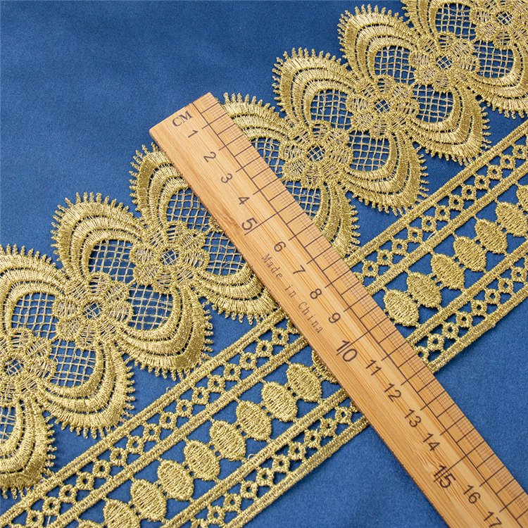 Top Grade Wedding Dress Trimming Wide Gold Metallic Thread Embroidery Flower Zig Zag Lace Trim