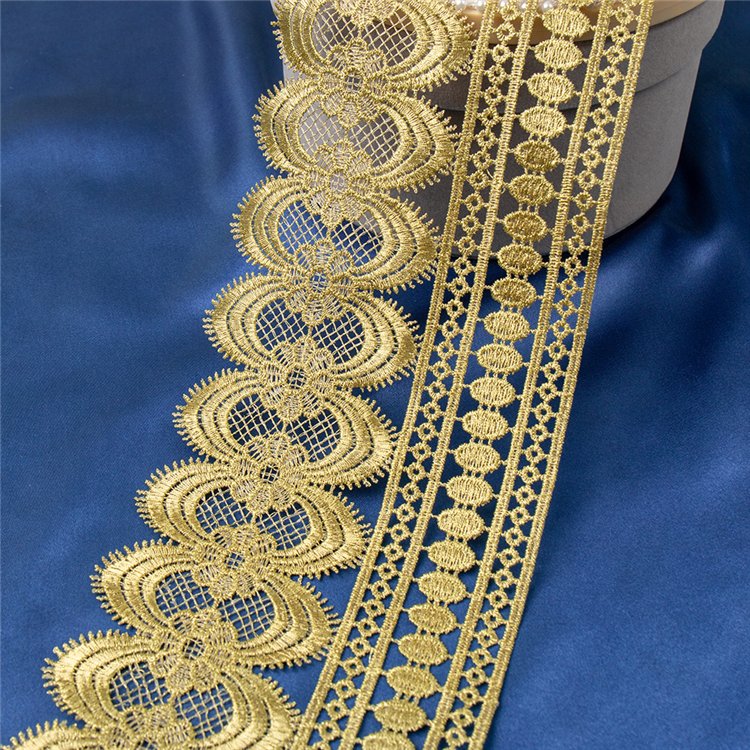 Top Grade Wedding Dress Trimming Wide Gold Metallic Thread Embroidery Flower Zig Zag Lace Trim