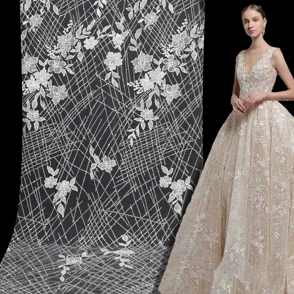 Yanzi new product tulle Lace embroidery fabric French Tulle Net Sequins Embroidery bridal lace