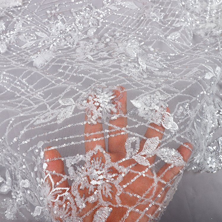 Yanzi new product tulle Lace embroidery fabric French Tulle Net Sequins Embroidery bridal lace