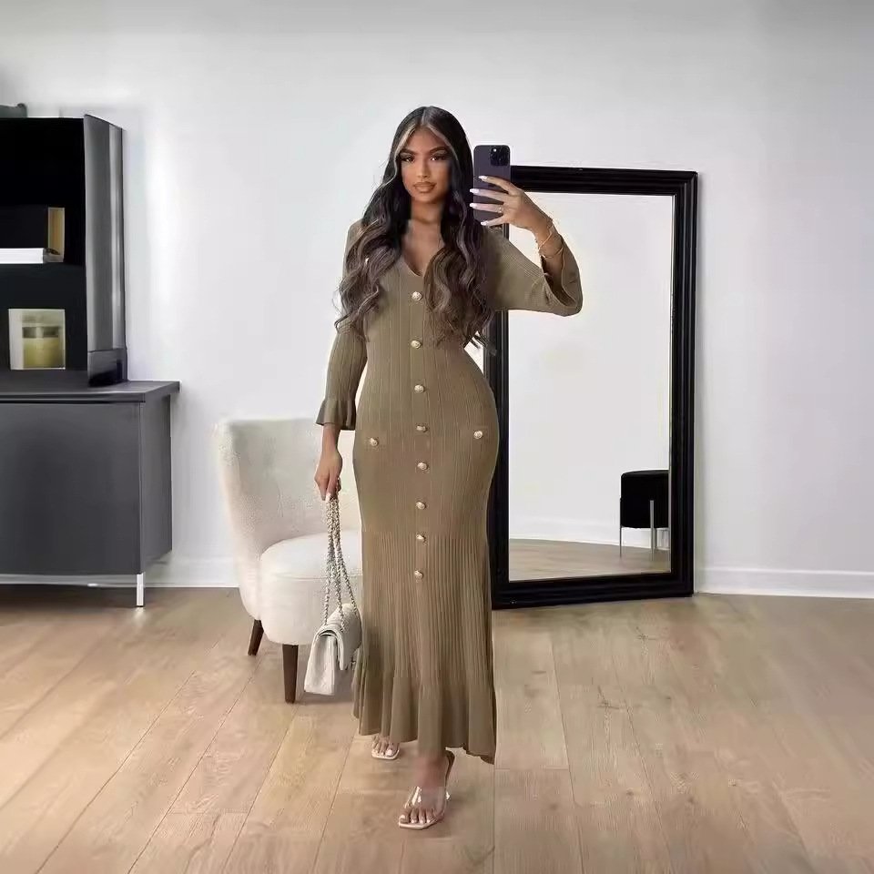 Button Lapel Slim Fit Knitted Women's Long Sleeve Turn-down Collar Sweater Dress Button Rib Slim Ribeed Elegant Maxi Dress