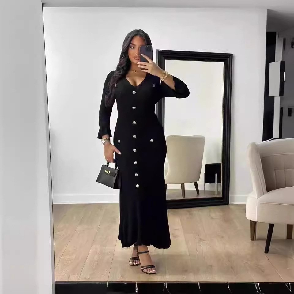 Button Lapel Slim Fit Knitted Women's Long Sleeve Turn-down Collar Sweater Dress Button Rib Slim Ribeed Elegant Maxi Dress