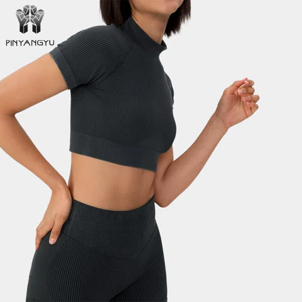 puff print t shirt OEM Custom Women Ribbed Knit Mock Neck Short Sleeve tee