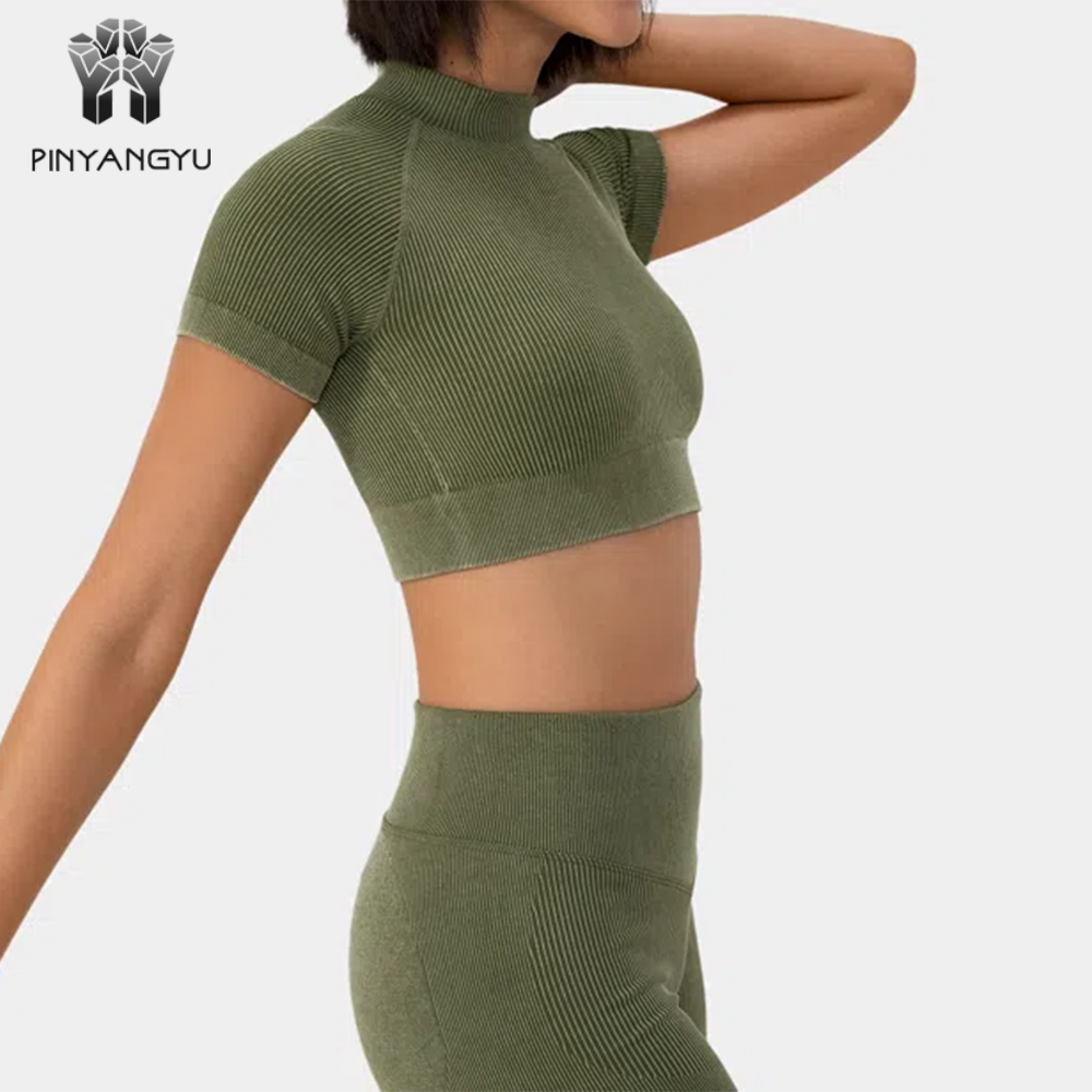 puff print t shirt OEM Custom Women Ribbed Knit Mock Neck Short Sleeve tee