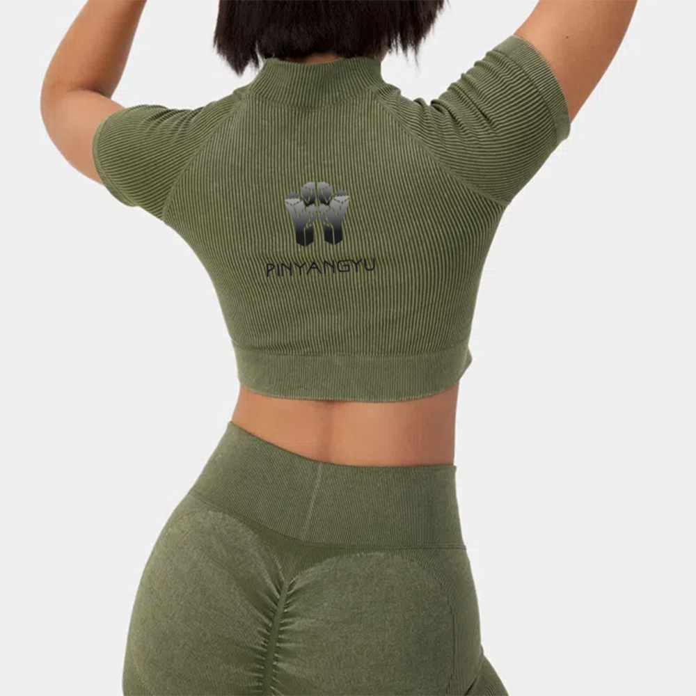 puff print t shirt OEM Custom Women Ribbed Knit Mock Neck Short Sleeve tee