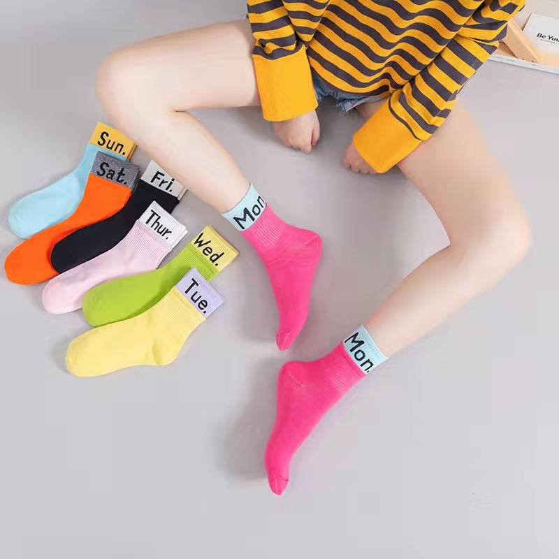 Girls days of week rib welt fashion cotton leisure crew sport socks