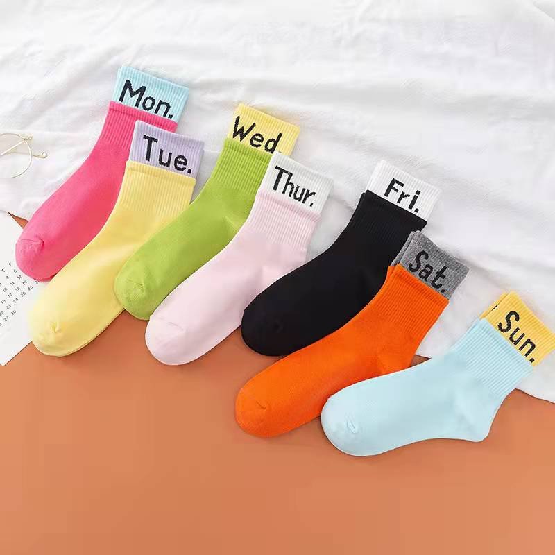 Girls days of week rib welt fashion cotton leisure crew sport socks