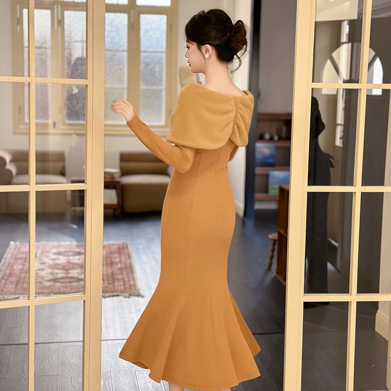 ZYHT 11204 V Neck Long Sleeve Casual Rib Knitted Midi Dress Khaki Furry Patchwork Folds Elegant Fishtail Dress