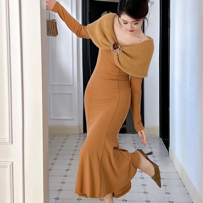 ZYHT 11204 V Neck Long Sleeve Casual Rib Knitted Midi Dress Khaki Furry Patchwork Folds Elegant Fishtail Dress