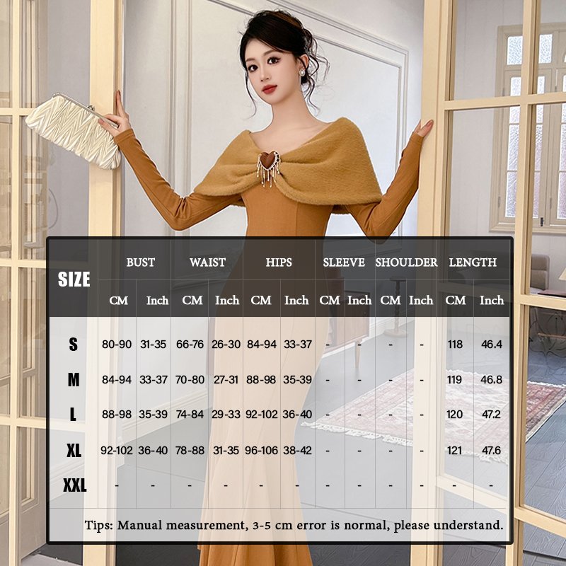 ZYHT 11204 V Neck Long Sleeve Casual Rib Knitted Midi Dress Khaki Furry Patchwork Folds Elegant Fishtail Dress