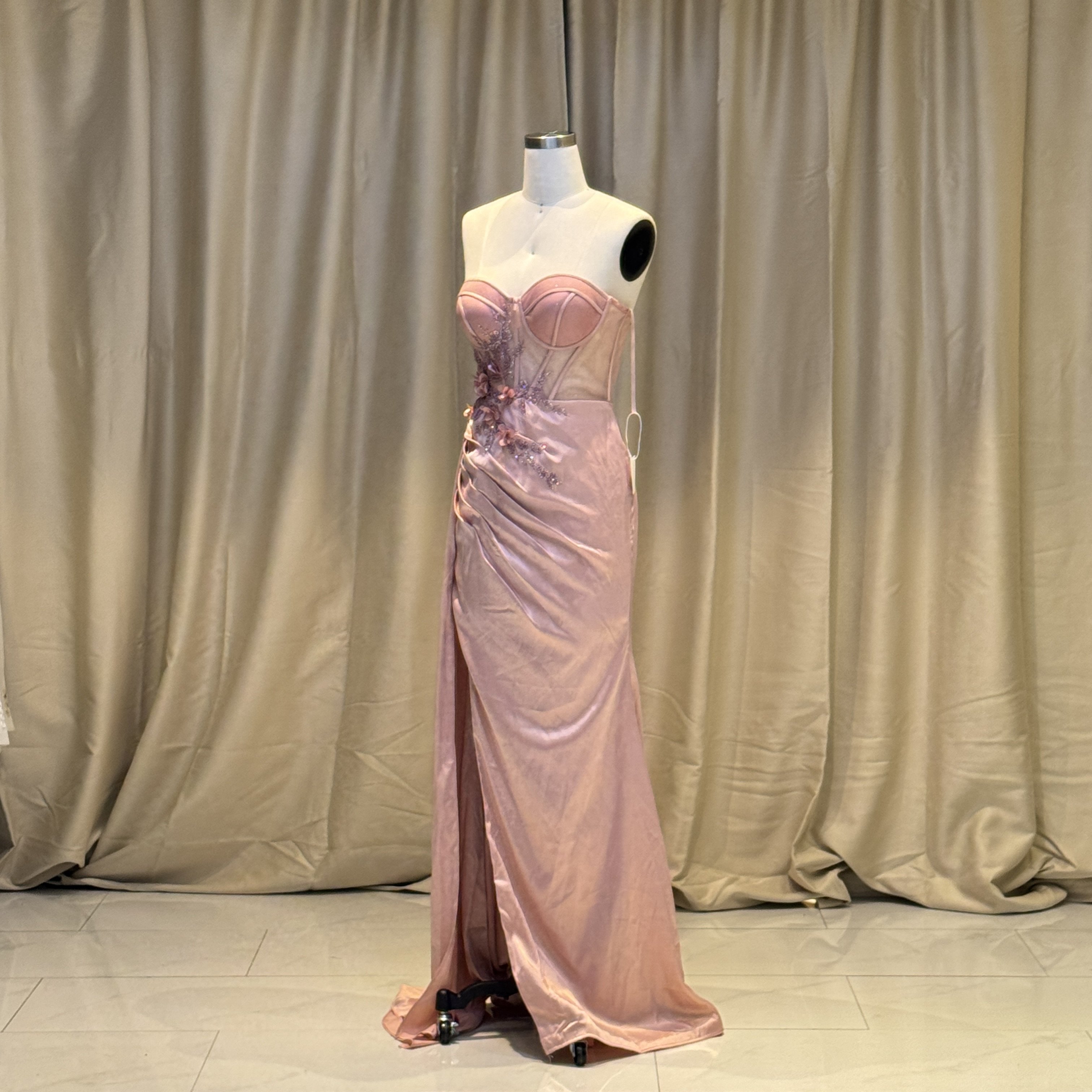 Hot Hand-Pleated Bodice Square Neckline Dress Straight Silhouette Prom High Slit Rhinestones Lace Back Soft Drapes Party