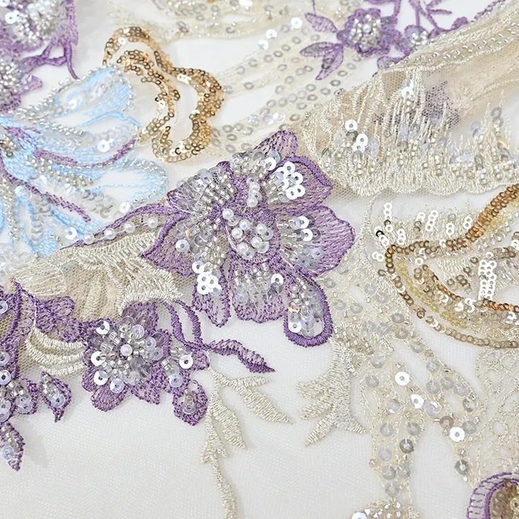 Mesh Dress Bridal Wedding Dress High Quality Custom Embroidered Sequin Lace Fabric Beaded Tulle Embroidery Fabric Soft